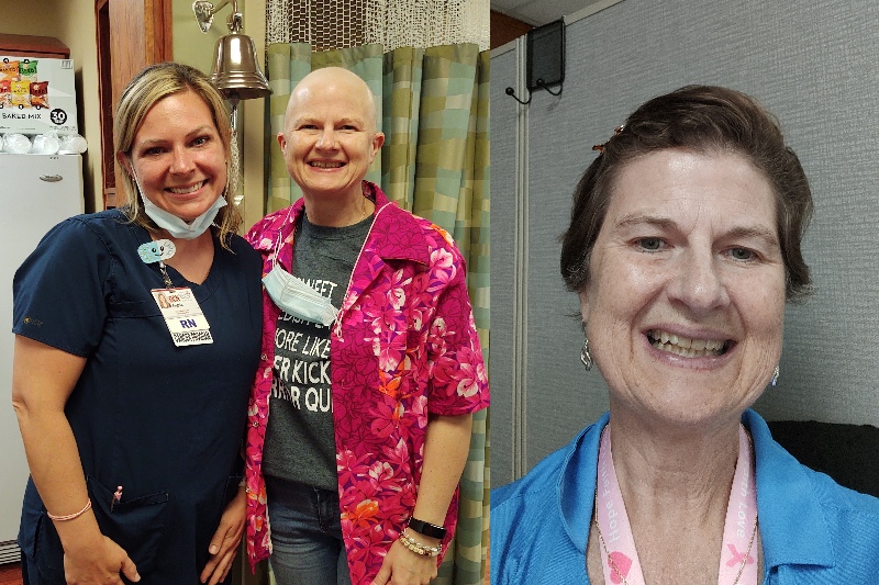 Ingrid poses with her nurse with a shaved head, then takes a photo with her hair again