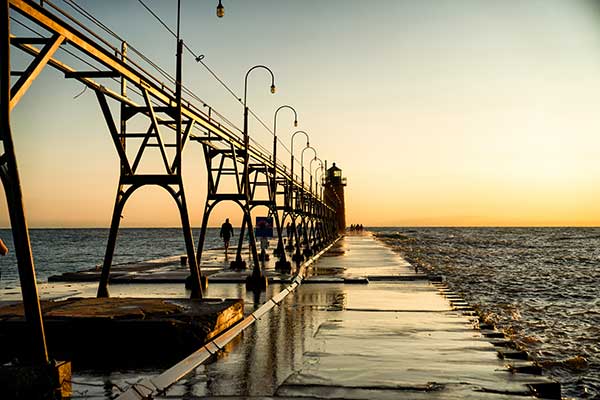 A view of a pier off the coast of Lake Michigan in Muskegon, Michigan.
