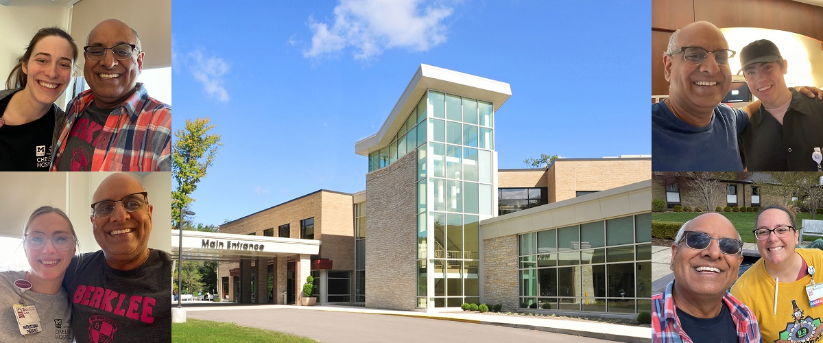 Rajesh M., Chelsea Rehab patient poses with staff superimposed over a photo of the Chelsea hospital.
