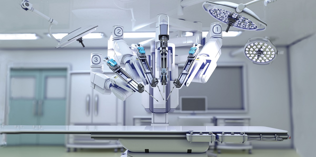 Digitally rendered image of the da Vinci robot shown in foreground with four ceiling lights in a white operating room.