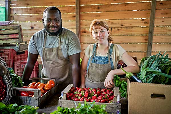 A man and woman volunteer at the farmer's market